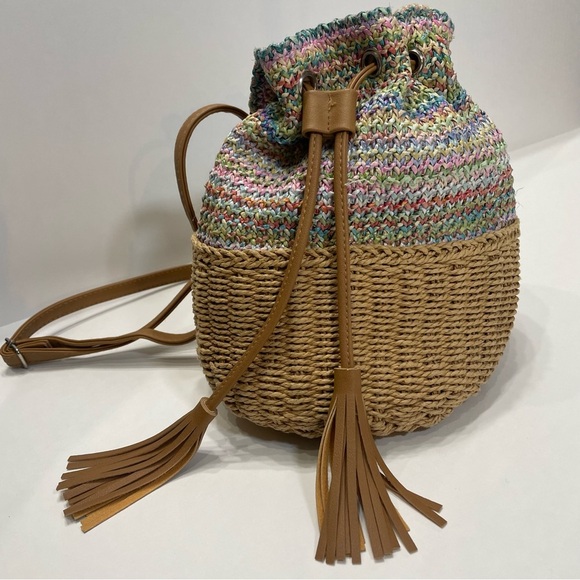 Multicolor Straw Woven Bucket Bag Purse. Hippie Boho casual. Pre-owned. Ink spot - Picture 1 of 11